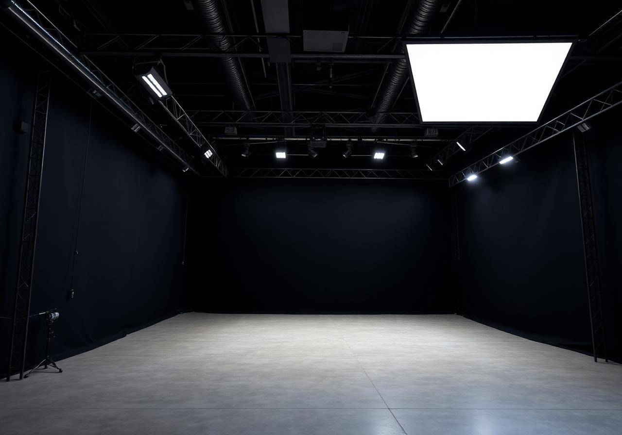 Plató en penombra amb tramvia de il·luminació